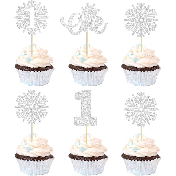 12Pcs Silver Glitter "One" Snowflake Cupcake Toppers, Winter Theme Picks for 1st Birthday Party Cake Decorations
