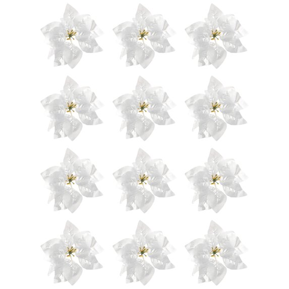 12Pcs Silver Glitter Poinsettia Picks, Metallic Christmas Poinsettia Artificial Flowers with Wired Stem, 8.46in Tree Ornaments for Winter Wonderland & Glam Holiday Decor