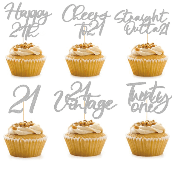 12Pcs Silver Glitter Vintage 21 Cupcake Toppers Happy 21st Birthday Cheers To 21 Straight Outta Twenty One Cake Picks Legal Drinking Age Adult Milestone Party Cupcake Decorations