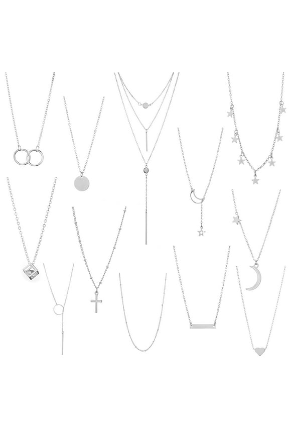 12Pcs Simple Silver Chain Necklace Multilayer Choker Necklace Set for Women