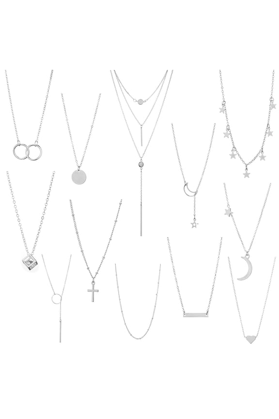 12Pcs Simple Silver Chain Necklace Multilayer Choker Necklace Set for Women