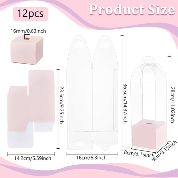 12Pcs Single Rose Flower Box Empty Bag Clear Flower Packing Boxes Flower Gift Boxes for Graduation Wedding Birthday Floral Gift Floral Arrangement Supply Pink