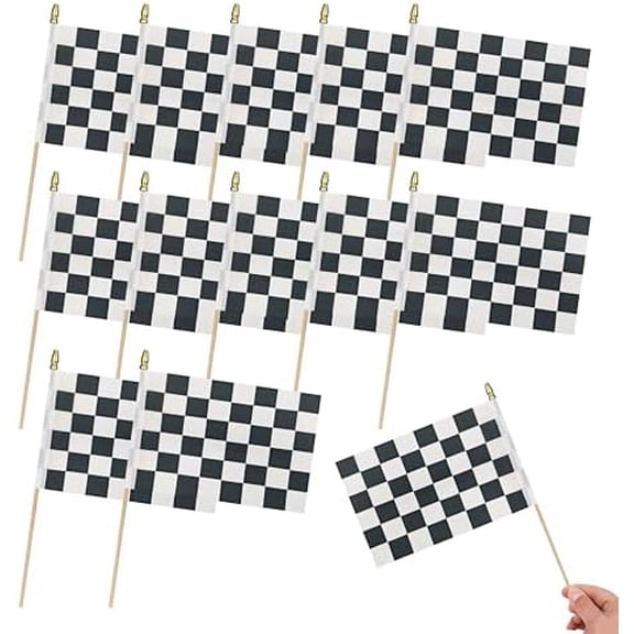 12Pcs Small Checkered Black and White Racing Flags on Wooden Stick Mini Race Car Flag Hand Held Flag Decorations,5x8 Inch