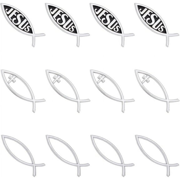 12Pcs Small Silver Jesus Fish Decal Sticker Acrylic Cross Fish Auto Emblem Waterproof Love Peace Car Stickers Self-Adhesive Decals