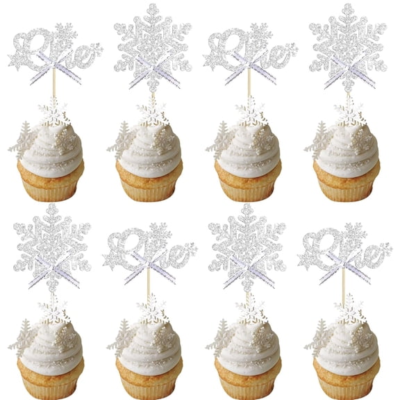 12Pcs Snowflake One Cupcake Toppers, Silver Glitter Winter Snowflake 1st Birthday Cupcake Picks with Silver Ribbon for Winter Onederland Party Decorations