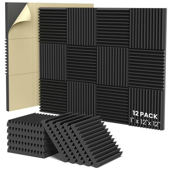 12Pcs Sound Proof Foam Panels For Walls, 2.5 cm X 30 cm X 30 cm Soundproof Wall Panels with Self-Adhesive, Fast Noise Absorption for Game Rooms, Home - Carbon Black
