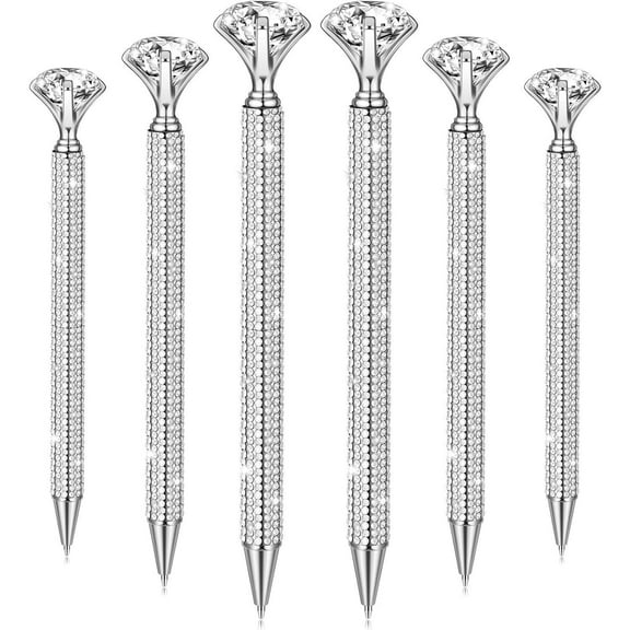 6 Pcs Big Diamond Pens with Crystal Bling Rhinestone Metal Glitter Diamond Ballpoint Black Ink Pens Wedding Bridal Shower Favors for Birthday Gift Supplies