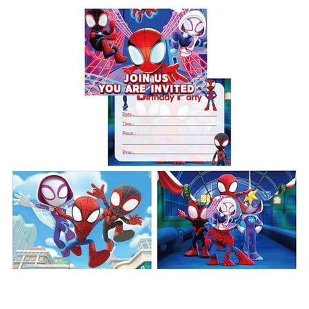12Pcs Red Spider Cartoon Theme Birthday Party Invitation Cards for Kids,12 Stickers & 12 Envelopes.