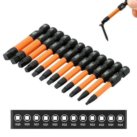 12Pcs Square Head Impact Drive Bit 2 Inch Upgraded S2 Alloy Steel 1/4 Inch Hex Shank Magnetic Square Screwdriver Bit for Electric Drill Furniture Assembly Magnetic Square Drill Bit