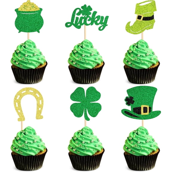 12Pcs St. Patrick's Day Cupcake Toppers, Glitter Shamrock, Lucky, Leprechaun Hat Picks for St. Patrick's Party, Green Themed Cake Decorations