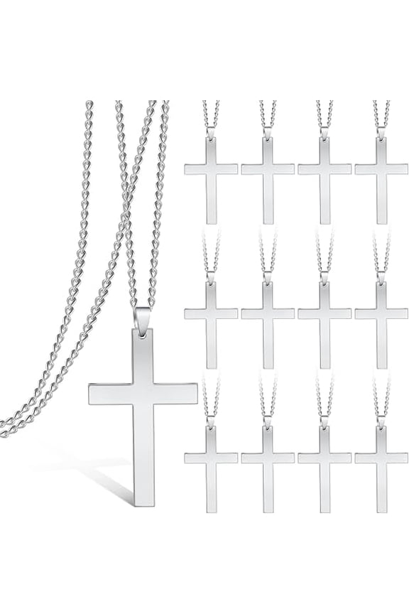 12Pcs Stainless Steel Cross Necklace Set, Classic Religious Pendant for Men, Durable and Hypoallergenic, Perfect for Daily Wear, Anniversaries, and Christian Gifts