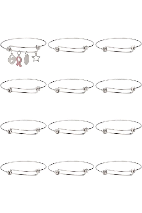 12Pcs Stainless Steel Expandable Wire Bangle Bracelet Bangles Bulk Adjustable Bracelet for Jewelry Making Metal Stackable Bracelets Cuff Bracelets Blanks DIY Craft Adult Women 2.6 Inch