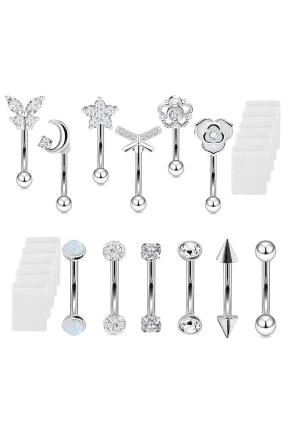 12Pcs Stainless Steel Piercing Jewelry, Cubic Zirconia Multipurpose Body Piercing Rings for Eyebrow, Ear Navel, Lip, Belly