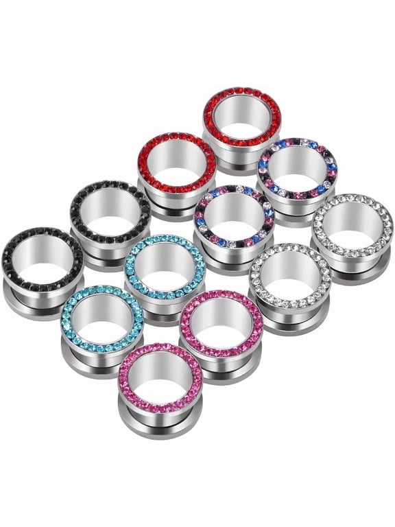 12Pcs Stainless Steel Screw Fit Ear Tunnels Single Row Inlaid Color Tunnels Piercing 0G