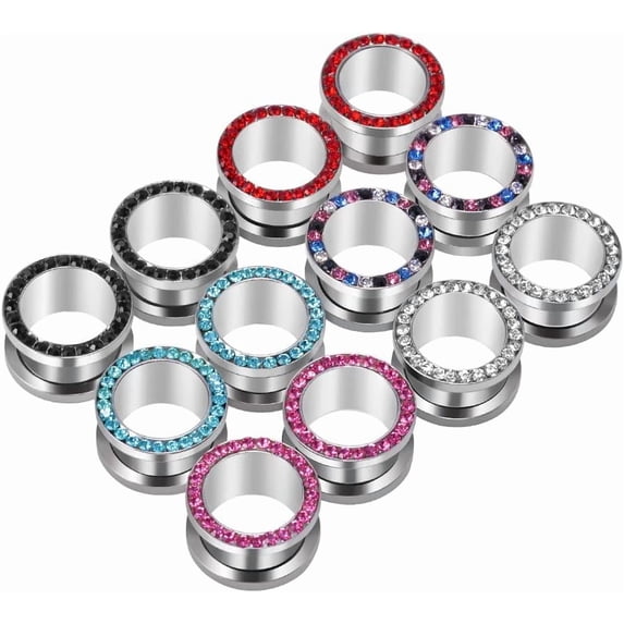 12Pcs Stainless Steel Screw Fit Ear Tunnels Single Row Inlaid Color Diamond Gem Tunnels Piercing 0G