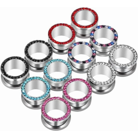 12Pcs Stainless Steel Screw Fit Ear Tunnels Single Row Inlaid Color Diamond Gem Tunnels Piercing 0G