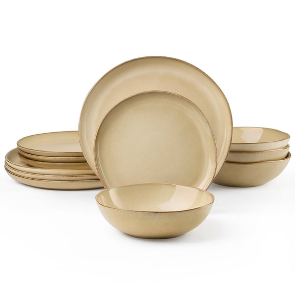 Onader 12 Piece Dinnerware Sets, Plates and Bowls Dish Set for 4, Irregular Handmade Dinner Ware Dishware for Kitchen Dinning, Microwave & Dishwasher Safe - Cream Khaki