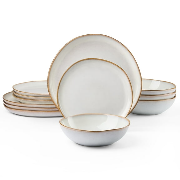 Onader 12 Piece Dinnerware Sets, Plates and Bowls Dish Set for 4, Irregular Handmade Dinner Ware Dishware for Kitchen Dinning, Microwave & Dishwasher Safe - Pearl White