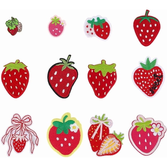 12Pcs Strawberry Embroideried Patch Red Pink Strawberry Sew on Patches Cute Fruit Applique Repair Patch for Clothes Jeans Hats Backpacks Bag Vests
