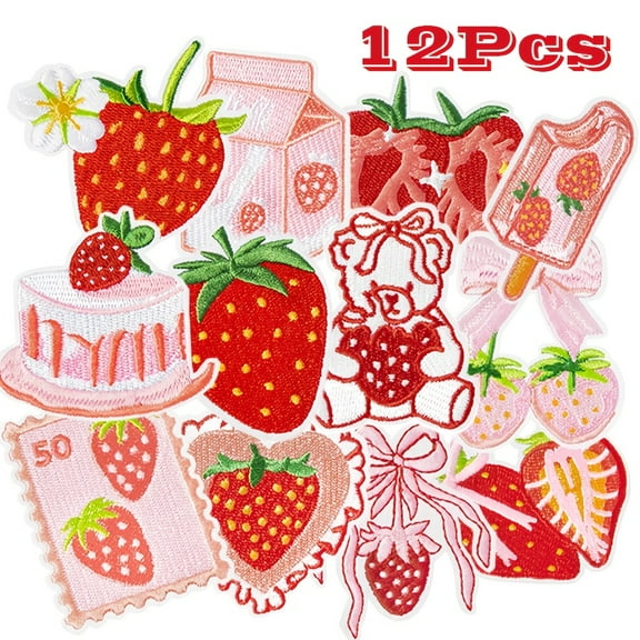 12Pcs Strawberry Iron on Patches Cute Fruit Cake Bow Sew on Repair Embroidered Applique Pink Red Coquette Aesthetic Girly Style DIY Craft Accessories Gifts for Preppy Girls Women Clothing Backpack Hat