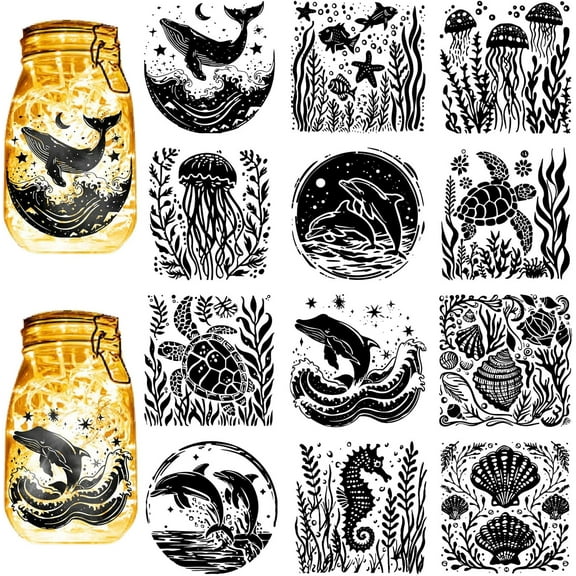 12Pcs Summer Ocean Silhouettes Mason Jar Decor Sea Animals Laser Cut Cardboard Scrapbook Cutouts for Glass 3.9x3.5Inch-No Sticker Colorful