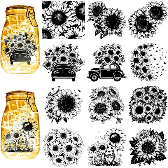12Pcs Sunflower Bee Silhouettes Mason Jar Decor Spring Summer Laser Cut Cardboard Scrapbook Cutouts Die Cuts PVC Decor for DIY Crafts Lantern Jars Wall Window Glass 3.9x3.5Inch-No Sticker 1set