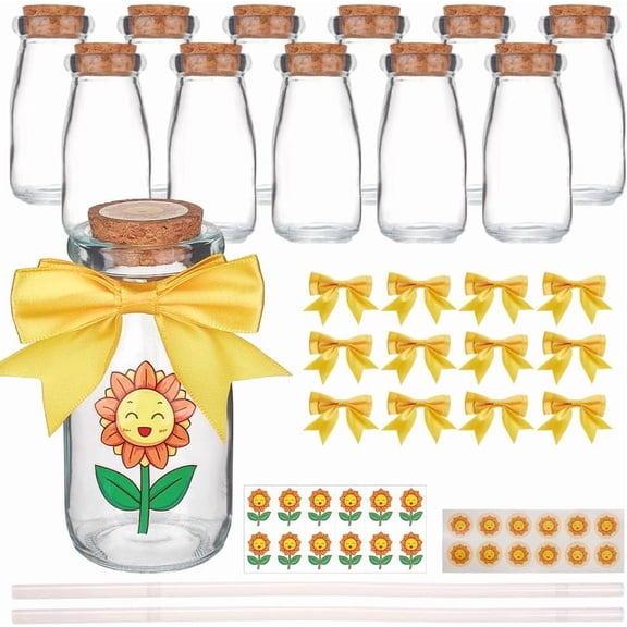 12Pcs Sunflower Theme Favors Glass Bottles with Golden Ribbons and Stickers Jars Mini Containers with Lid 3.4oz/100ml