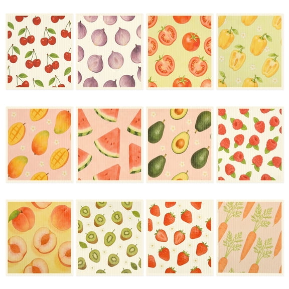 12Pcs Swedish Dishcloths Reusable Dish Cloth Absorbent Dish Towel Fruit Vegetable Pattern Kitchen Cleaning Cloth for Glass Countertop Home
