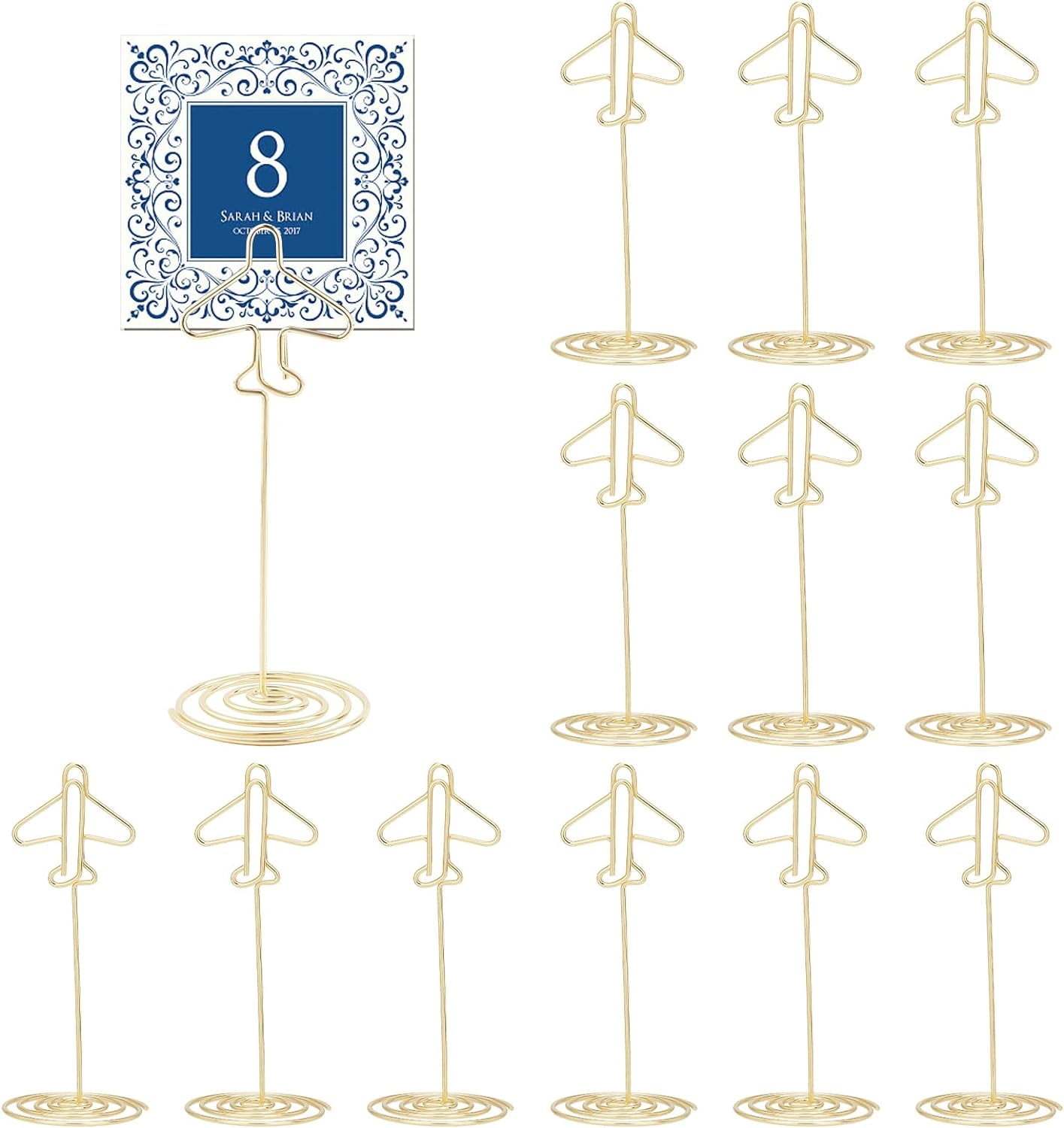 12Pcs Tall Table Number Holder Place Card Holder Airplane Shape Metal Name Card Holder Stands for Photos Food Signs Wedding Party Restaurants Light Gold 100x42mm