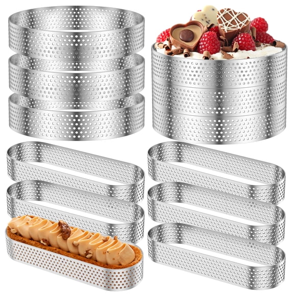 12Pcs Tart Rings Perforated Tart Rings for Baking, Stainless Steel Nonstick Circular & Elliptical Shapes Cake Ring,Metal Pastry Mold for French Dessert