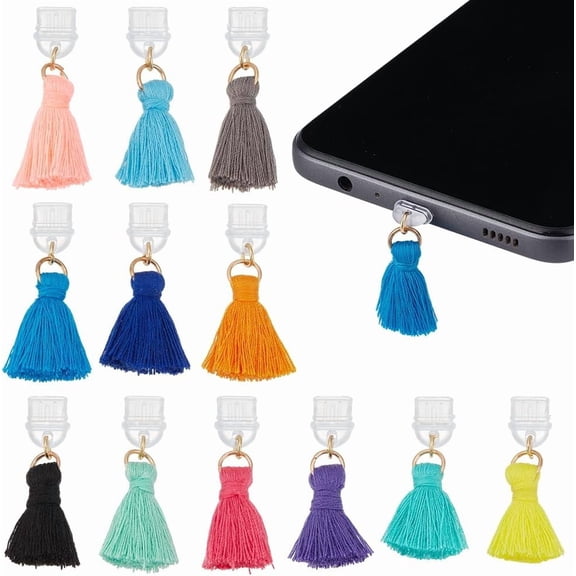 12Pcs Tassel Dust Plug Charms 1.4 Inch Mobile Dustproof Plugs with Polycotton Tassel Pendants Type C Dust Plug Charm Type C Port Protector Phone Accessory