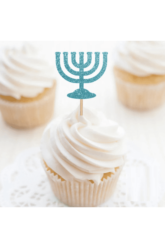 12Pcs Teal Glitter Menorah Cupcake Toppers Jewish Hanukkah Seven Candle Menorah Cake Picks Chanukah Jewish Holiday Party Dessert Decorations