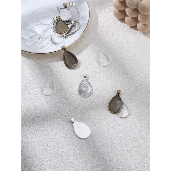 12Pcs Teardrop Bezel Pendant Trays DIY Cameo Base Blanks with Glass Cabochons Tibetan Style Alloy Pendant Cabochon Settings for DIY Craft Jewelry Making 30~39.5x19.5~22.5x5.5~6mm Mixed Color