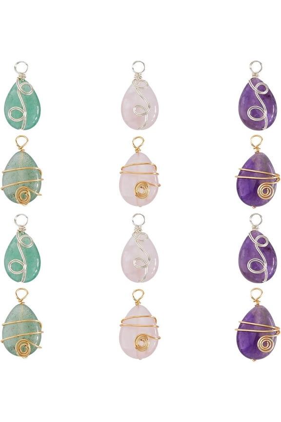 12Pcs Teardrop Gemstone Pendants Copper Wire Wrapped Stone Charm Colorful Quartz Pendant for DIY Jewelry Making Necklaces Hole:3.4~3.6mm DIY