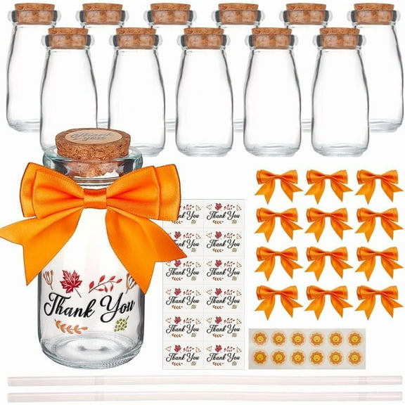 12Pcs Thanks Favors Glass Bottles DIY Candy Jars with Orange Ribbons and Stickers Jars Mini Containers with Lid 3.4oz/100ml for Thanksgiving Day Party Guests Candy Present Jar Decor Colorful