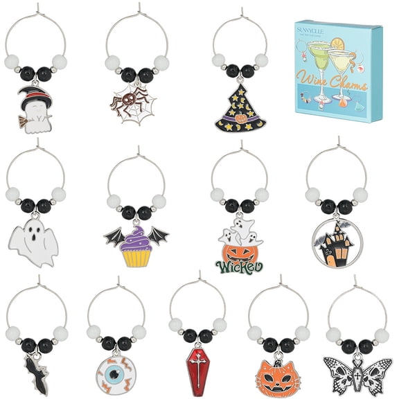 12Pcs Theme Alloy Enamel & Glass Imitation Jade Beaded Wine Glass Charms with Brass Rings with Broom/Cat Pumpkin/Coffin with Mixed Color 48~60mm DIY