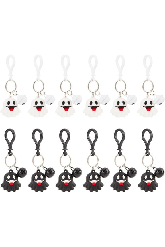 12Pcs Theme Keychain Cartoon Ghost Keyrings with Bell Charm PVC Pendants Hanging Key Chain Keyrings for Wallet Backpack Charm Decorations Pendant Party Favors Supplies Black White