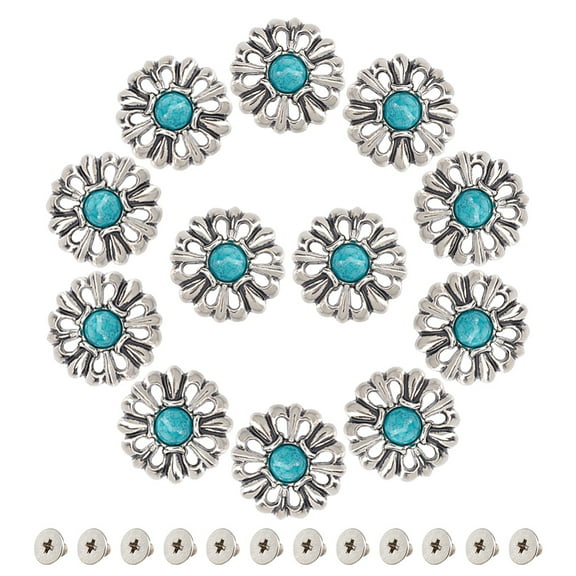 12Pcs Tibetan Style Alloy Buttons with Synthetic Turquoise and Screws for Purse Flat Round Antique Silver 25mm
