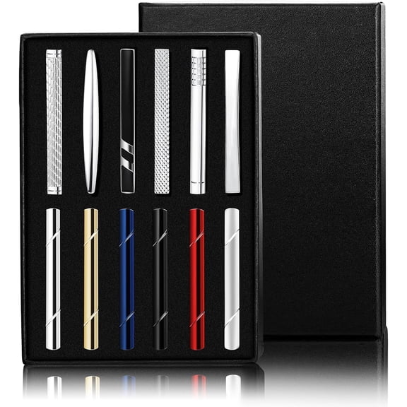 12Pcs Tie Clips for Men Silver Black 14K Gold Plated Bar Regular Ties Classic Clasps Necktie Wedding Meeting Business with Gift Box -