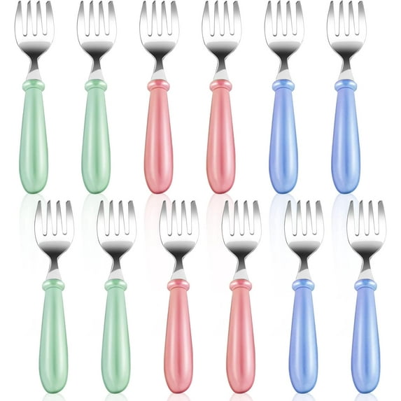 12Pcs Toddler Forks,Stainless Steel Toddler Utensils Baby Forks,Kids Forks Children's Cutlery for Self Feeding,BPA Free Kids Metal Forks with Round Handle for Boys Girls Dining,Dishwasher Safe