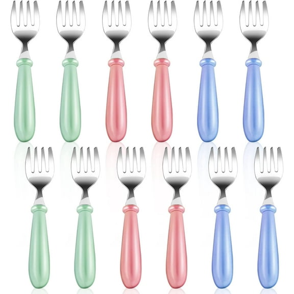 12Pcs Toddler Forks,Stainless Steel Toddler Utensils Baby Forks,Kids Forks Children's Cutlery for Self Feeding,BPA Free Kids Metal Forks with Round Handle for Boys Girls Dining,Dishwasher Safe