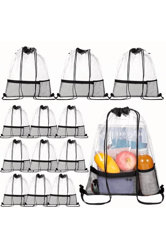 12Pcs Transparent Drawstring Backpacks, Large Capacity Clear PVC Bags with Pockets for Phone Water Bottle, Stadium Approved for Gym Travel Beach