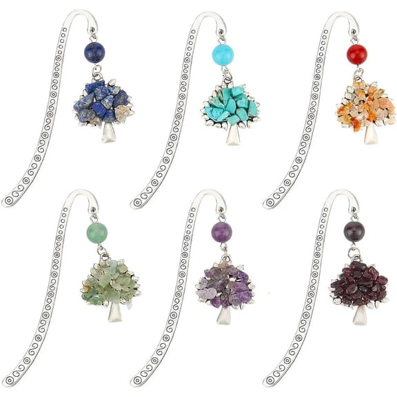 12Pcs Tree of Life Book Mark Antique Silver Bookmark Hooks Amethyst Turquoise Gemstone Beading Bookmark Metal Bookmarks Bulk Tibetan Style Metal Book Marks for Reading Teacher Student Gift