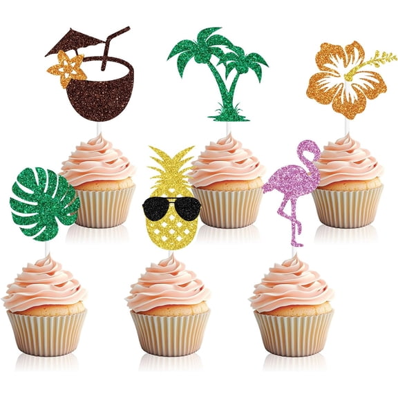 12Pcs Tropical Luau Glitter Cupcake Toppers, Flamingo Pineapple Palm Tree Coconut Hibiscus Cupcake Picks for Hawaiian Beach Summer Pool Birthday Party Decor