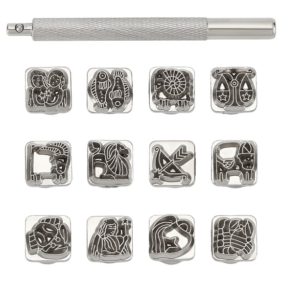 12Pcs Twelve Constellations Theme Metal Stamp Set Metal Stamping Tools DIY Arts and Crafts Supplies with Wood Case Punch SetDIY
