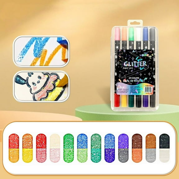 12Pcs Two-Color Glitter Marker Set, Pearlescent High Brightness Non-Bleeding Fluorescent Pens, Flexible Fiber Tip Portable Shimmer Drawing Markers For Journal, Card Making And Scrapbooking