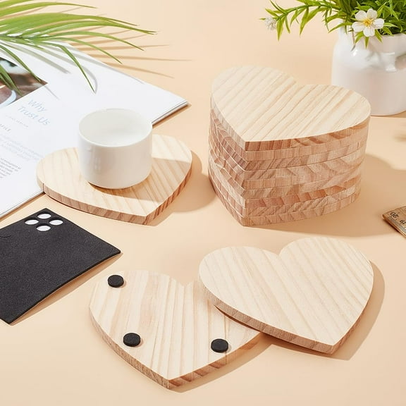 12Pcs Unfinished Heart Wood Coasters Nature Blank Wooden Craft Coasters with 48Pcs Non-Slip Foam Blank Heart Shaped Wooden Slices Hot Pads for DIY Crafts Pyrograph Painting Staining Carving