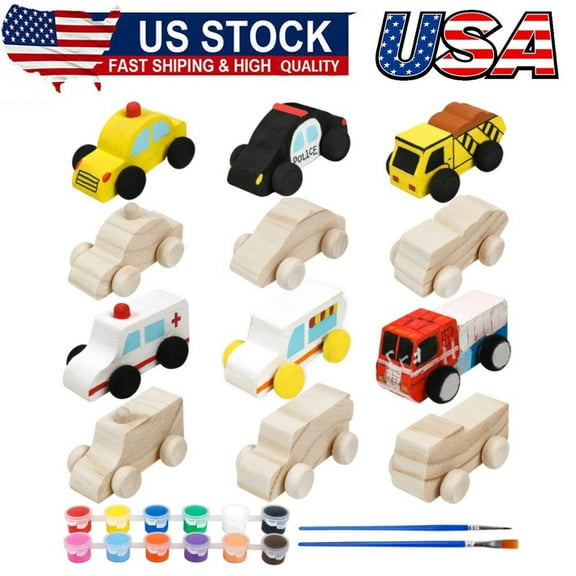 12Pcs Unfinished Wood DIY Car Toys Wood Crafts Painting Crafts Kit for Student