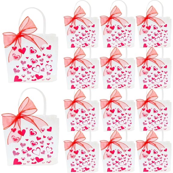 12Pcs Valentine Day Heart Printed Gift Bags with Handles Reusable Valentine Clear Plastic Gift Bag Valentine's Day Gift Party Favor Bags with Ribbon for Valentine Birthday Wedding Party (12)