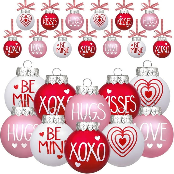 12Pcs Valentine's Day Ball Ornaments, Red Pink White Heart Decorations with Letters, Plastic Hanging Orbs for Tree Party Supplies Valentine's Day Party Décor,2.36 Inch